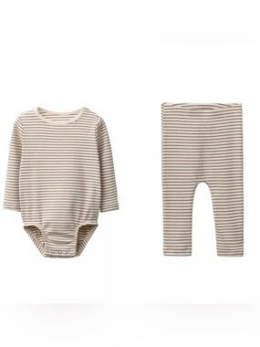 Zara Striped Cotton Baby Bodysuit & Leggings Set - Cream & Brown